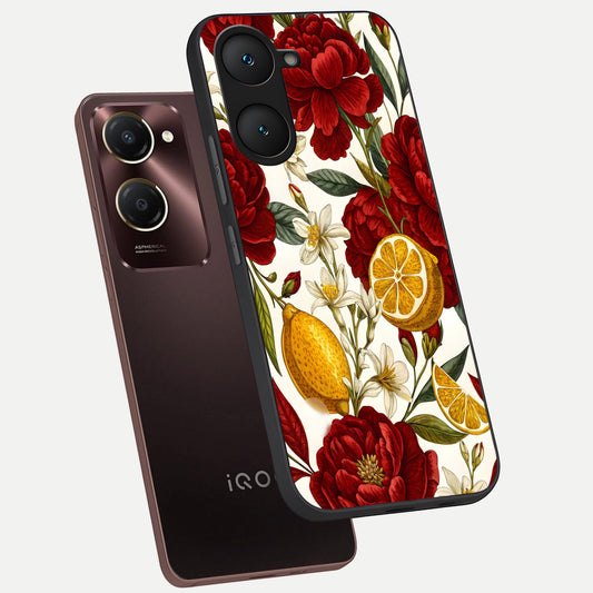  Lemon Rose Charm phone case for iQOO Z9 lite showing premium glass back cover with detailed artwork