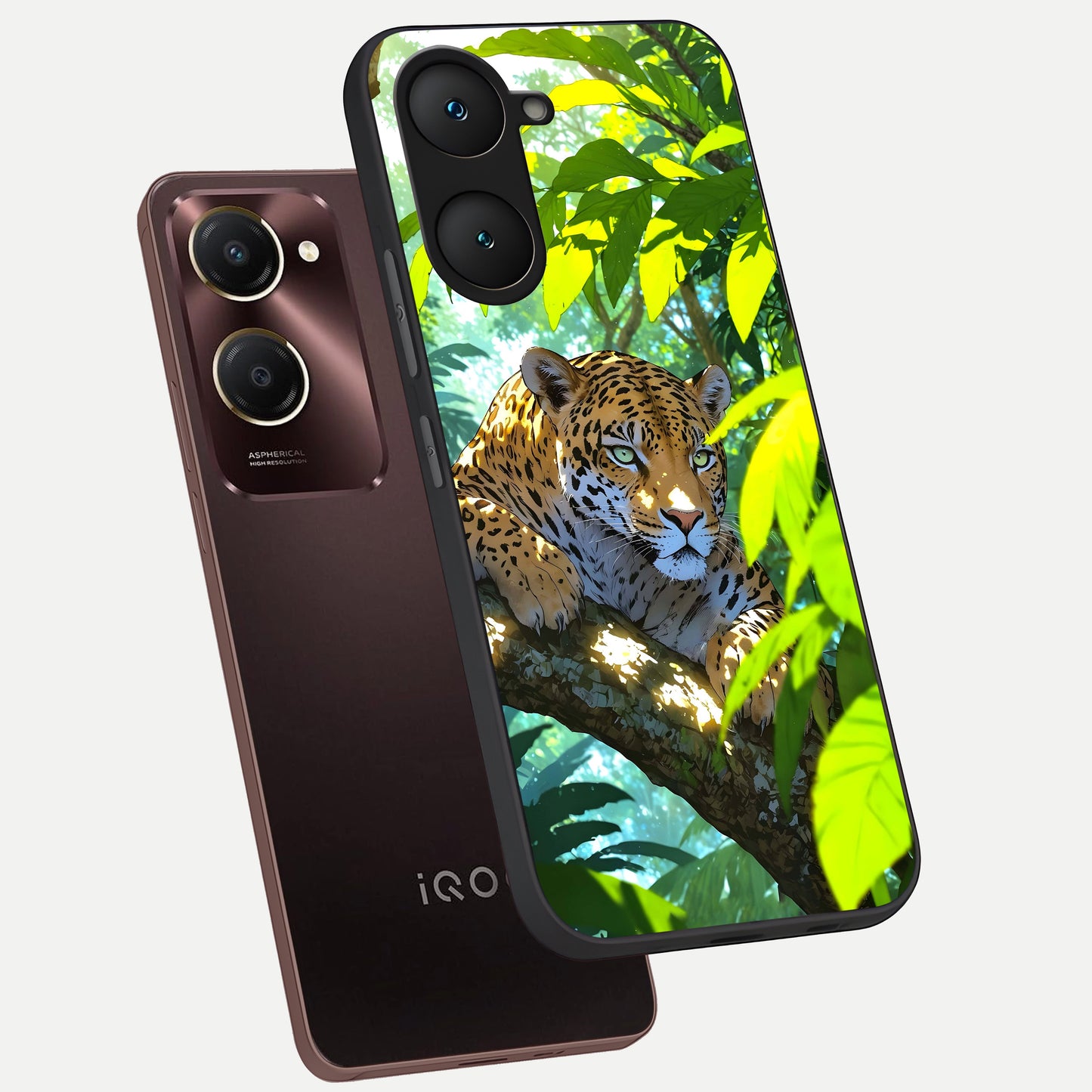  Leopard in Jungle phone case for iQOO Z9 lite showing premium glass back cover with detailed artwork