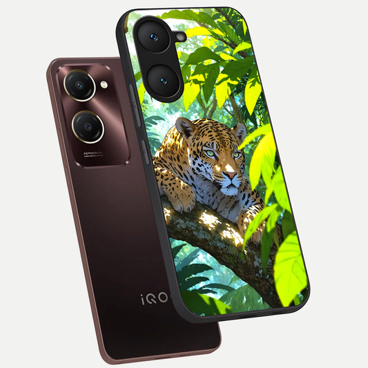  Leopard in Jungle phone case for iQOO Z9 lite showing premium glass back cover with detailed artwork
