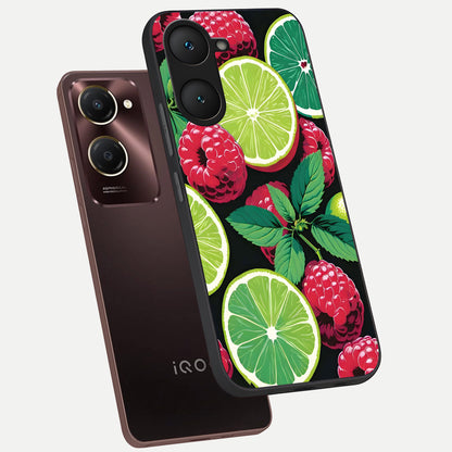 Lime and Raspberry Pattern phone case for iQOO Z9 lite showing premium glass back cover with detailed artwork