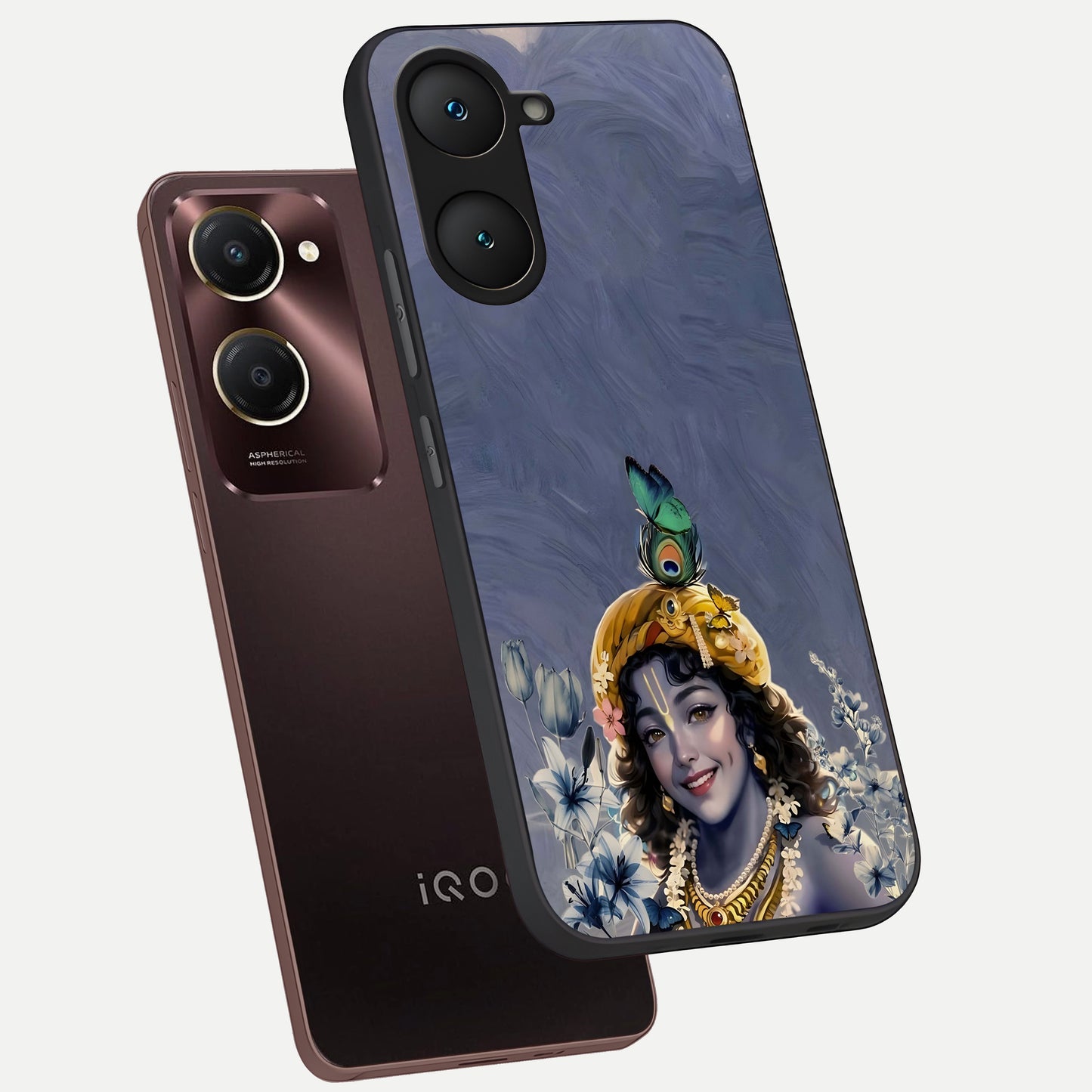  Lord Krishna phone case for iQOO Z9 lite showing premium glass back cover with detailed artwork