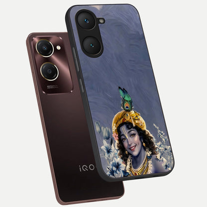  Lord Krishna phone case for iQOO Z9 lite showing premium glass back cover with detailed artwork