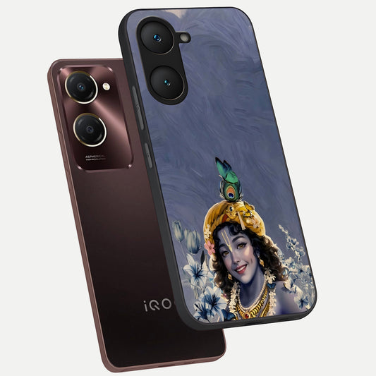  Lord Krishna phone case for iQOO Z9 lite showing premium glass back cover with detailed artwork