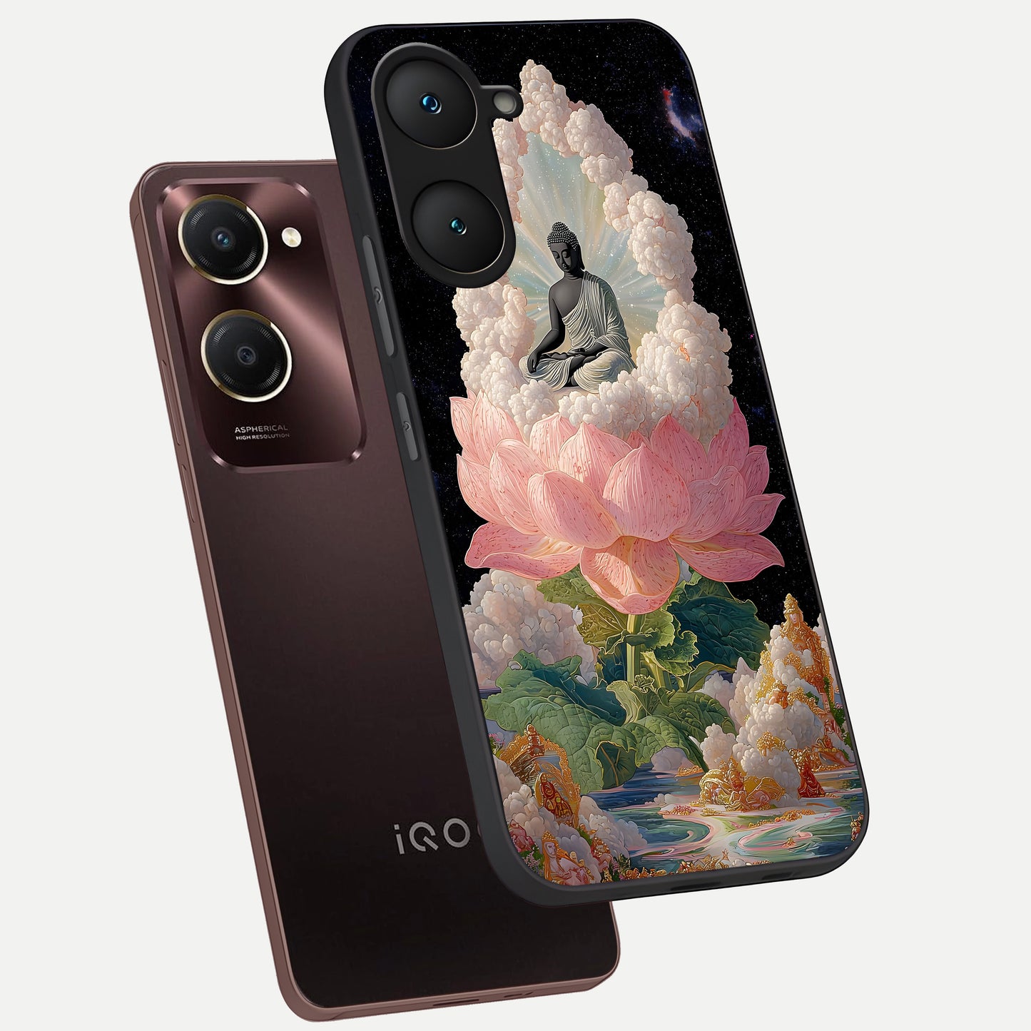  Lotus Divine Peace phone case for iQOO Z9 lite showing premium glass back cover with detailed artwork