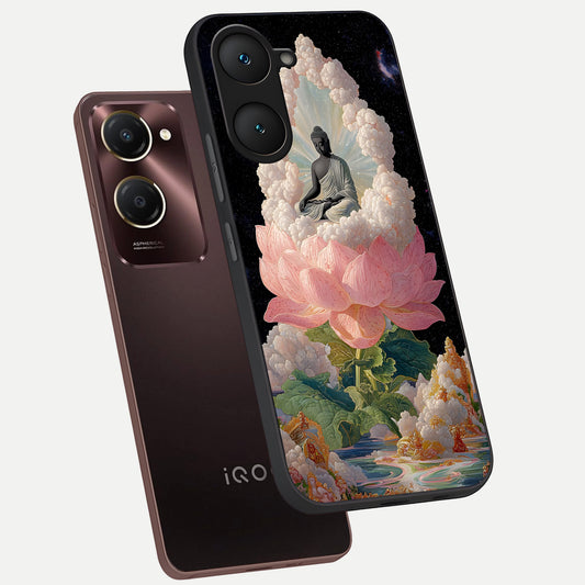  Lotus Divine Peace phone case for iQOO Z9 lite showing premium glass back cover with detailed artwork