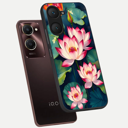  Lotus Dream Serenity phone case for iQOO Z9 lite showing premium glass back cover with detailed artwork