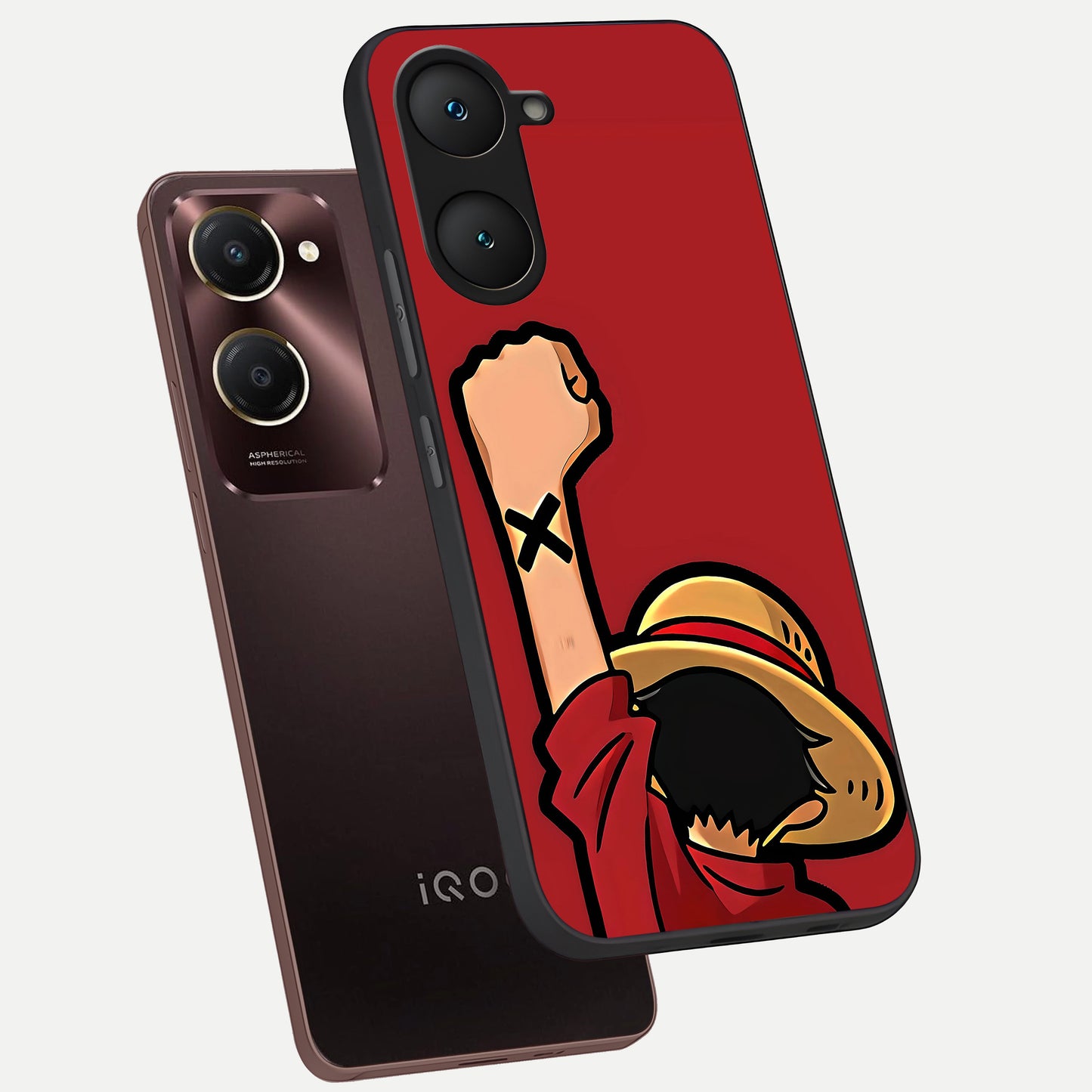  Luffy X Spirit phone case for iQOO Z9 lite showing premium glass back cover with detailed artwork