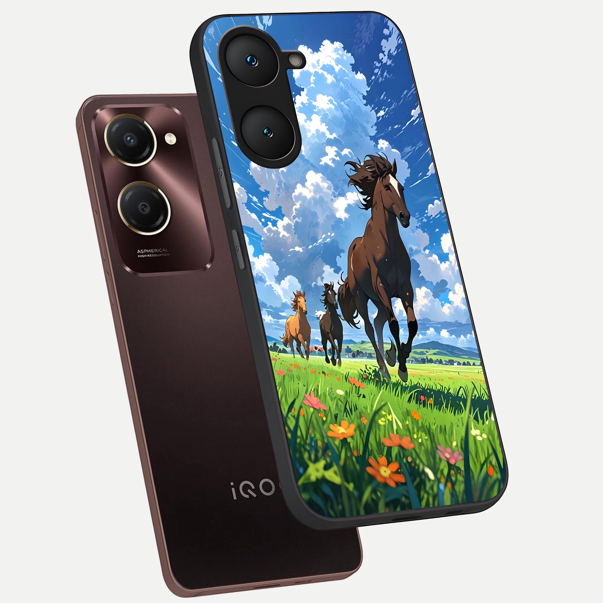  Majestic Horses Galloping phone case for iQOO Z9 lite showing premium glass back cover with detailed artwork