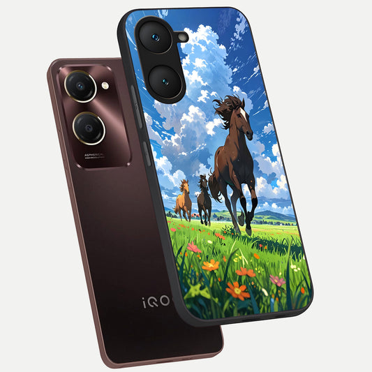  Majestic Horses Galloping phone case for iQOO Z9 lite showing premium glass back cover with detailed artwork