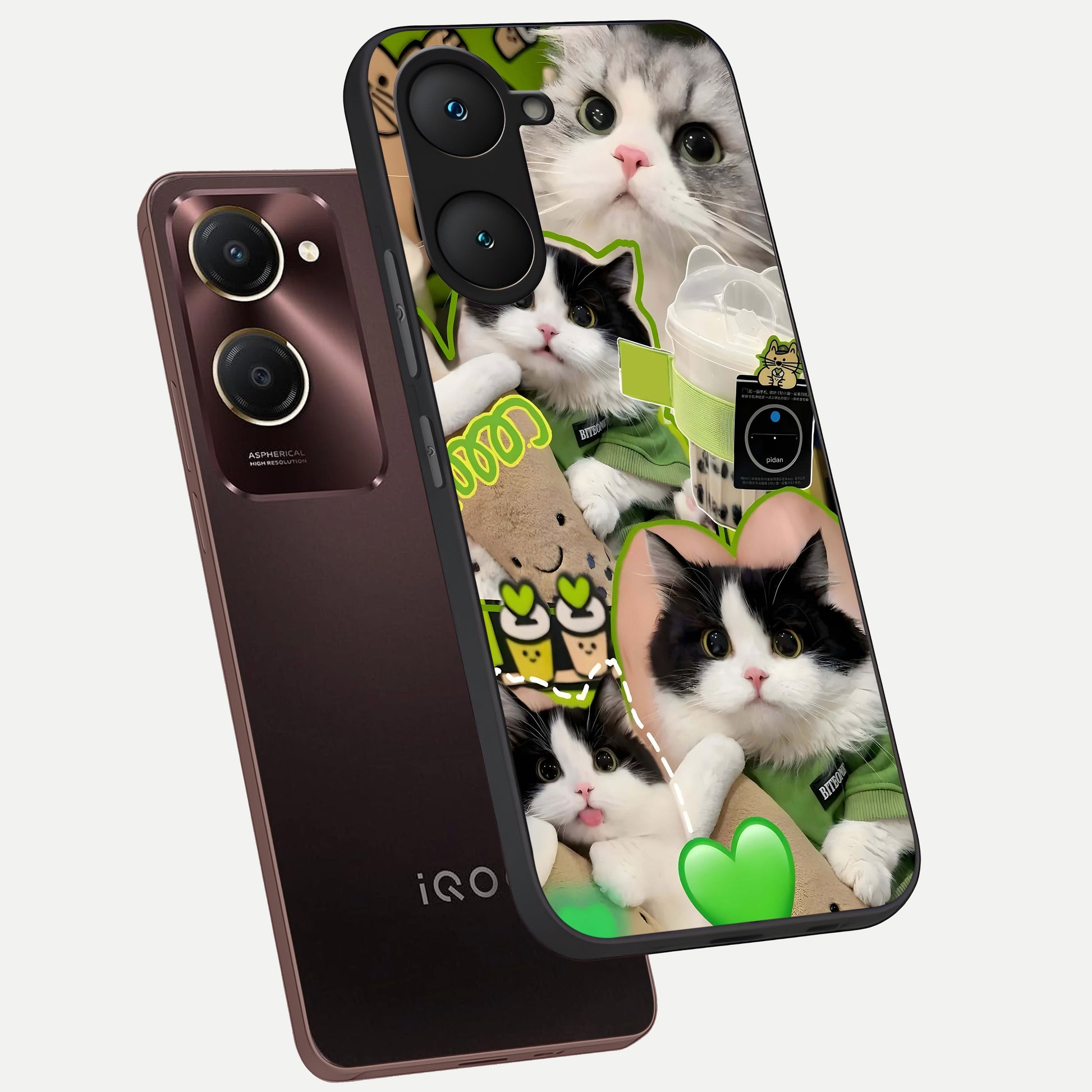  Matcha Cats Mood phone case for iQOO Z9 lite showing premium glass back cover with detailed artwork