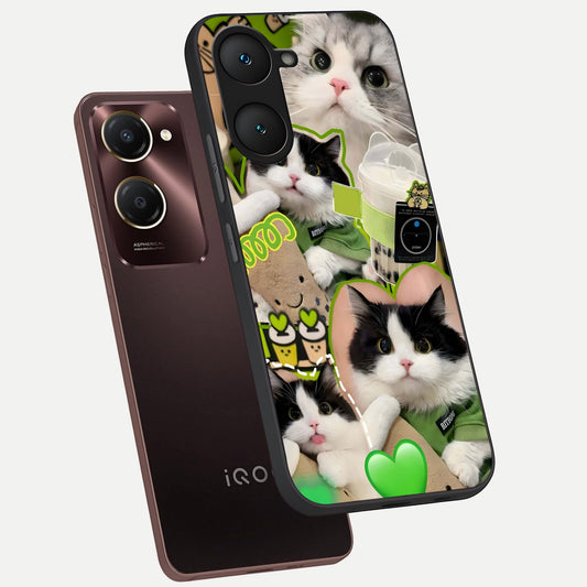  Matcha Cats Mood phone case for iQOO Z9 lite showing premium glass back cover with detailed artwork
