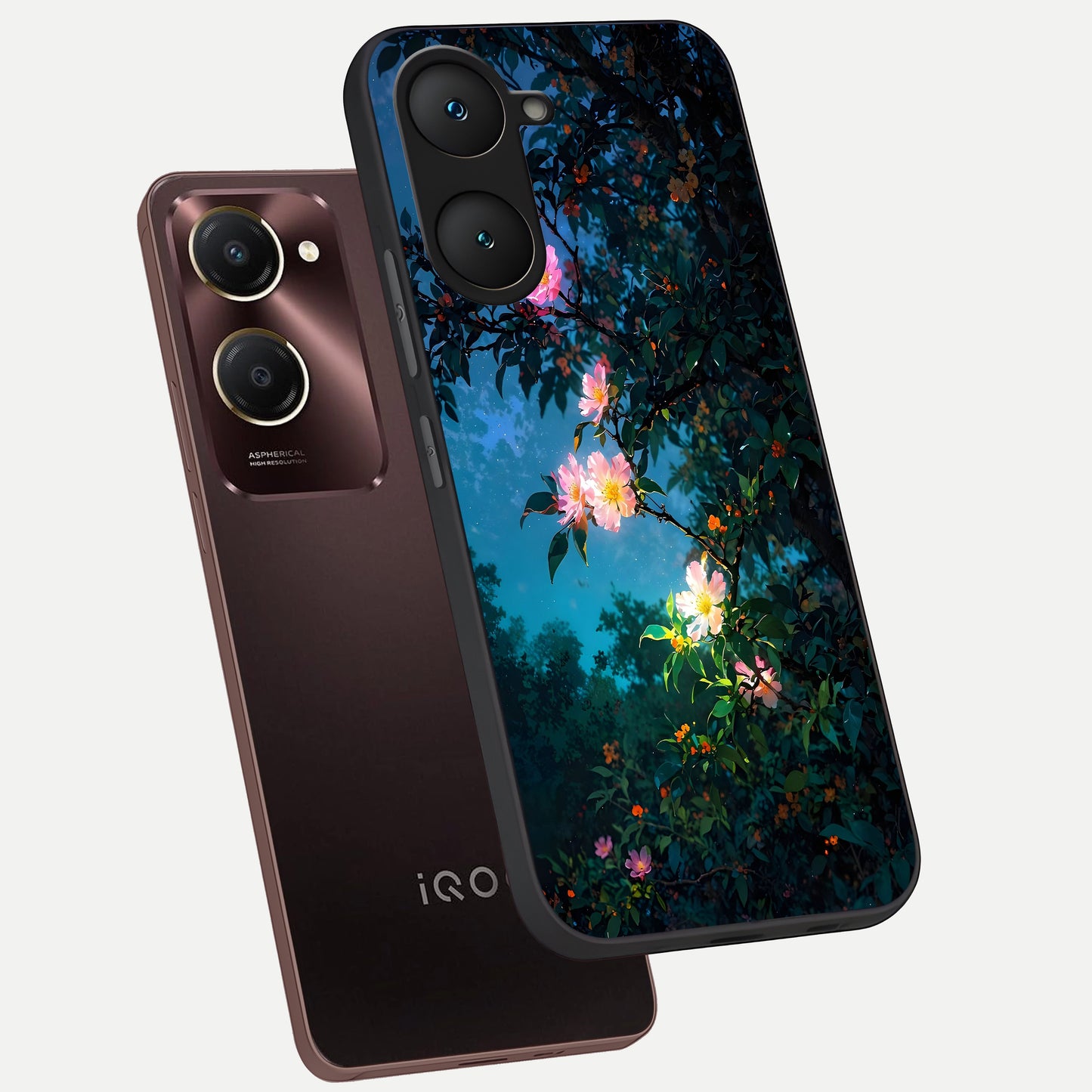  Midnight Bloom Glow phone case for iQOO Z9 lite showing premium glass back cover with detailed artwork