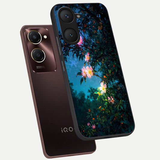  Midnight Bloom Glow phone case for iQOO Z9 lite showing premium glass back cover with detailed artwork
