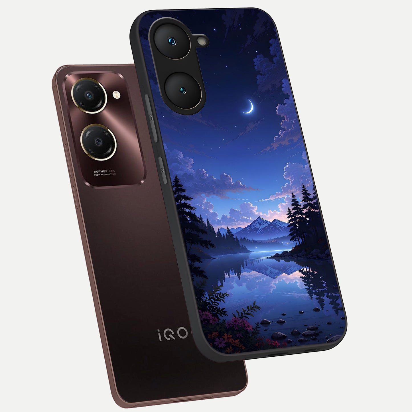  Midnight Lake Peace phone case for iQOO Z9 lite showing premium glass back cover with detailed artwork