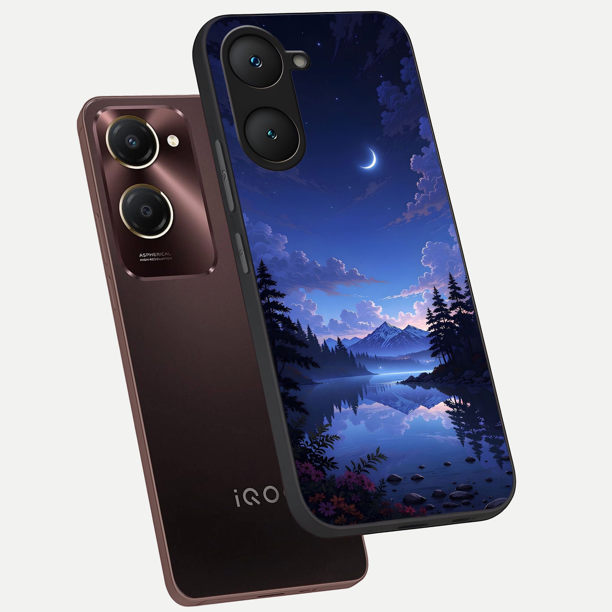  Midnight Lake Peace phone case for iQOO Z9 lite showing premium glass back cover with detailed artwork
