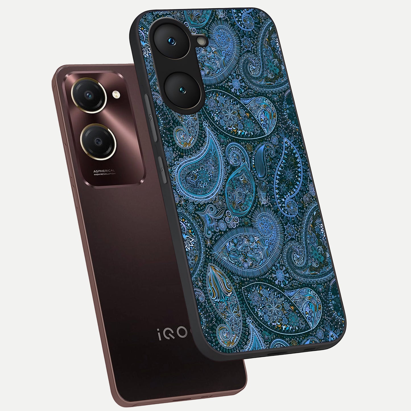  Midnight Paisley Glow phone case for iQOO Z9 lite showing premium glass back cover with detailed artwork
