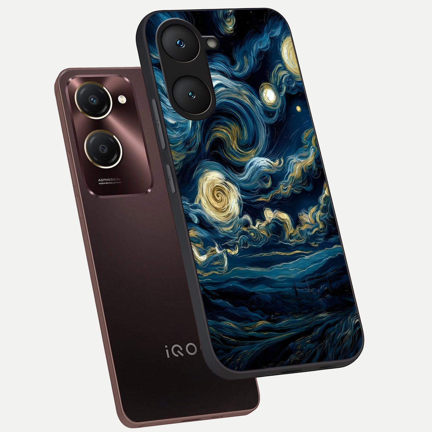  Midnight Sky Whirl phone case for iQOO Z9 lite showing premium glass back cover with detailed artwork