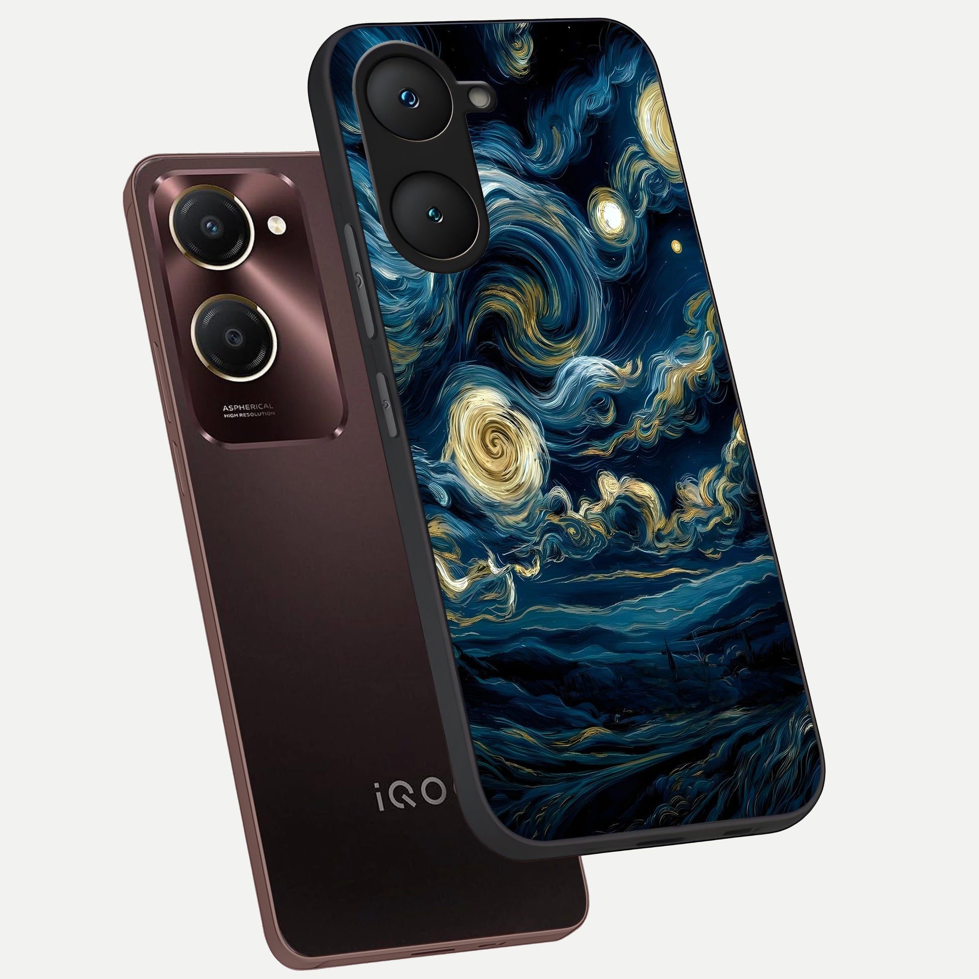  Midnight Sky Whirl phone case for iQOO Z9 lite showing premium glass back cover with detailed artwork