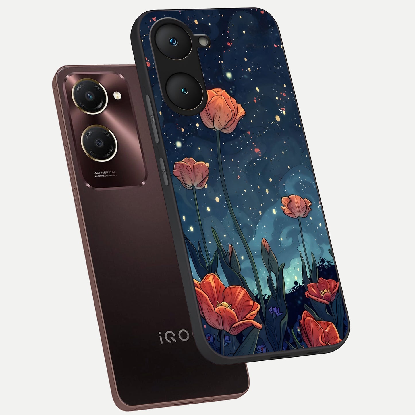  Midnight Tulip Glow phone case for iQOO Z9 lite showing premium glass back cover with detailed artwork