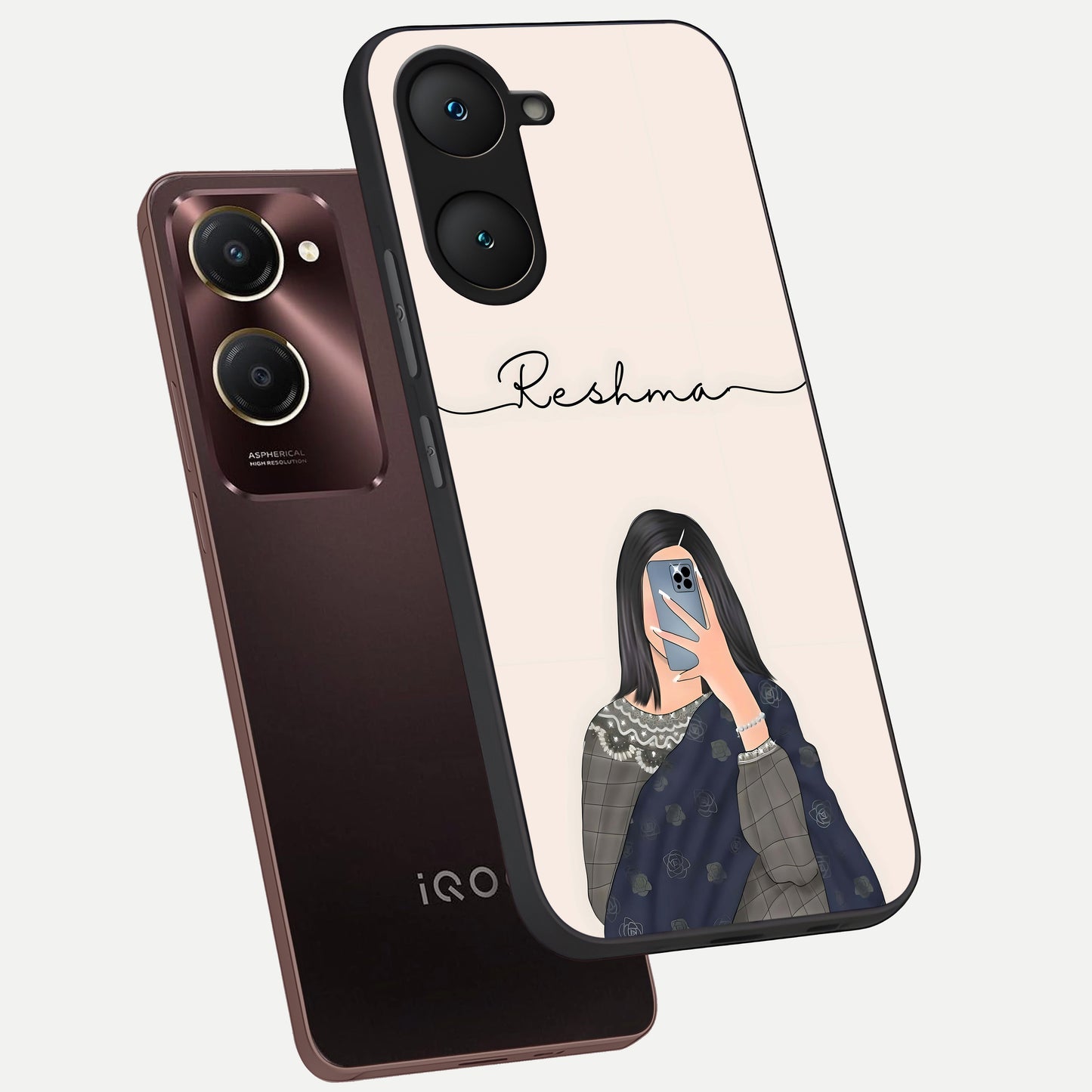  Mirror Mood Muse With Custom Name phone case for iQOO Z9 lite showing premium glass back cover with detailed artwork
