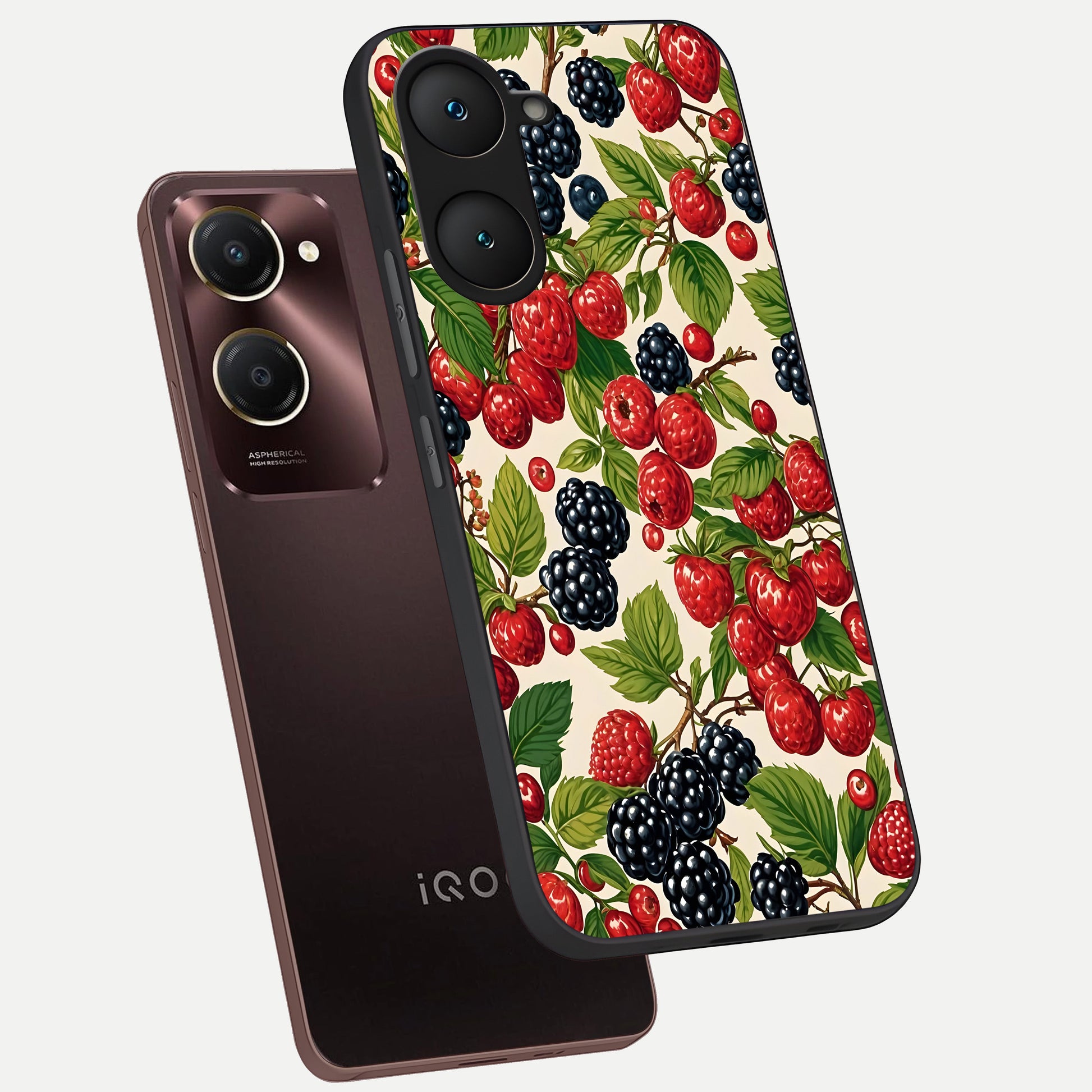  Mixed Berry Collage phone case for iQOO Z9 lite showing premium glass back cover with detailed artwork