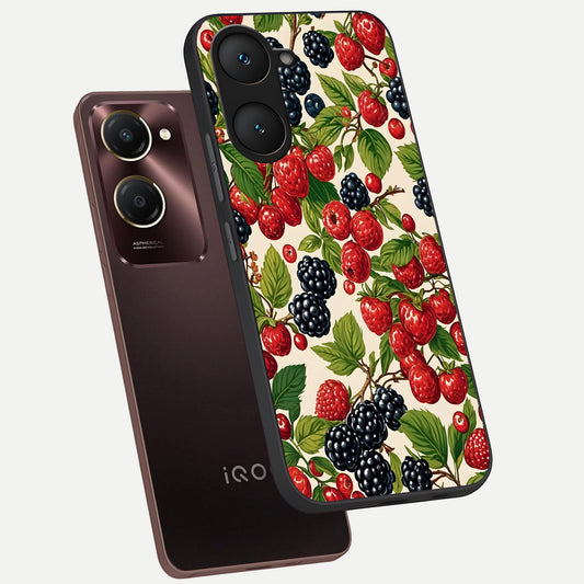  Mixed Berry Collage phone case for iQOO Z9 lite showing premium glass back cover with detailed artwork