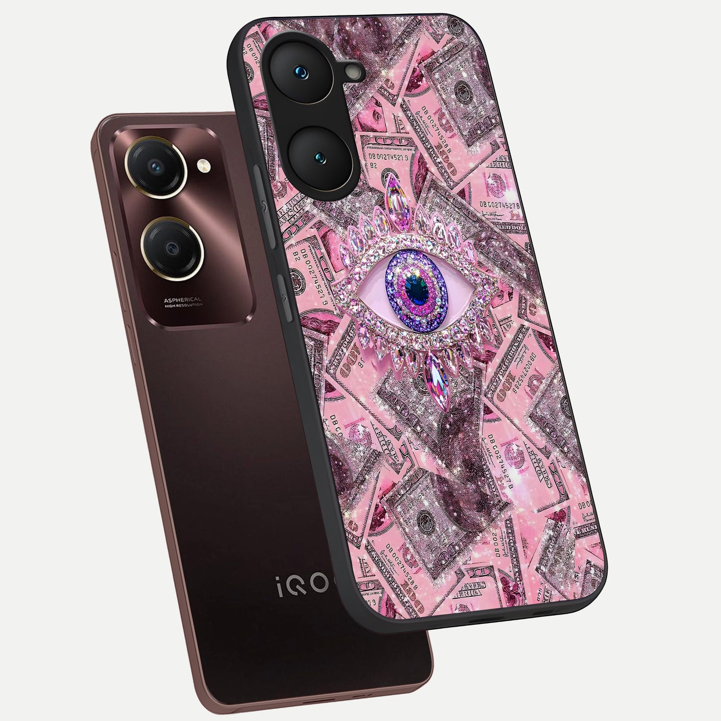  Money Eye Luxe phone case for iQOO Z9 lite showing premium glass back cover with detailed artwork