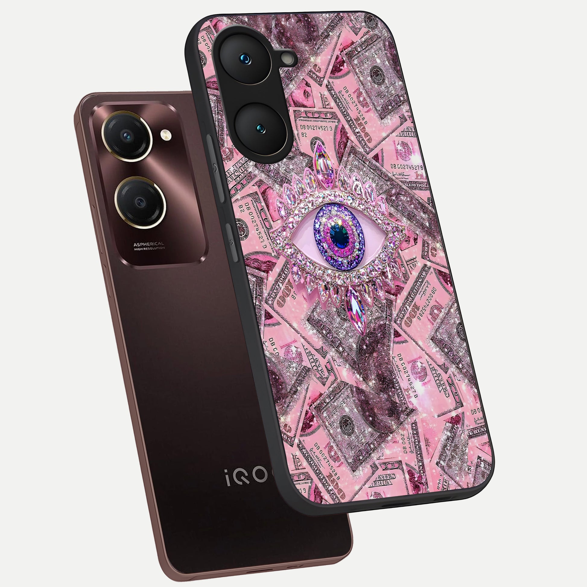  Money Eye Luxe phone case for iQOO Z9 lite showing premium glass back cover with detailed artwork