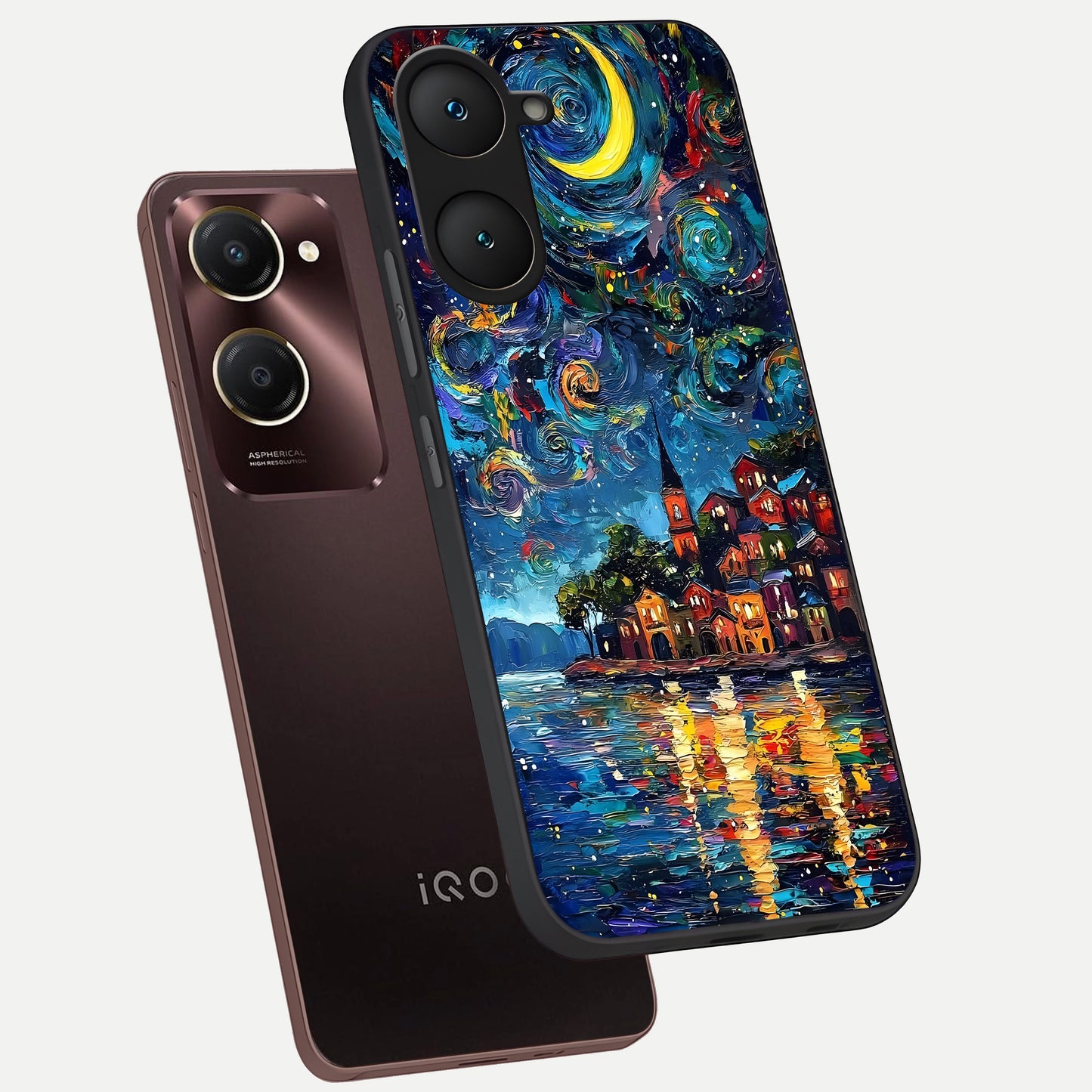  Moonlight Harbor Glow phone case for iQOO Z9 lite showing premium glass back cover with detailed artwork