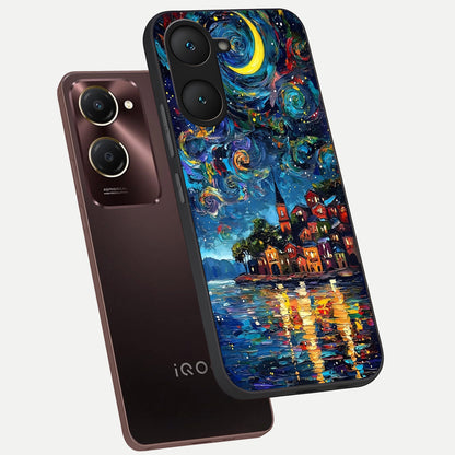  Moonlight Harbor Glow phone case for iQOO Z9 lite showing premium glass back cover with detailed artwork