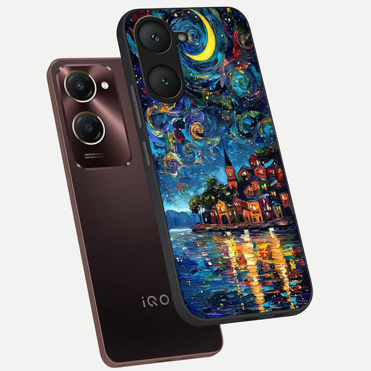  Moonlight Harbor Glow phone case for iQOO Z9 lite showing premium glass back cover with detailed artwork