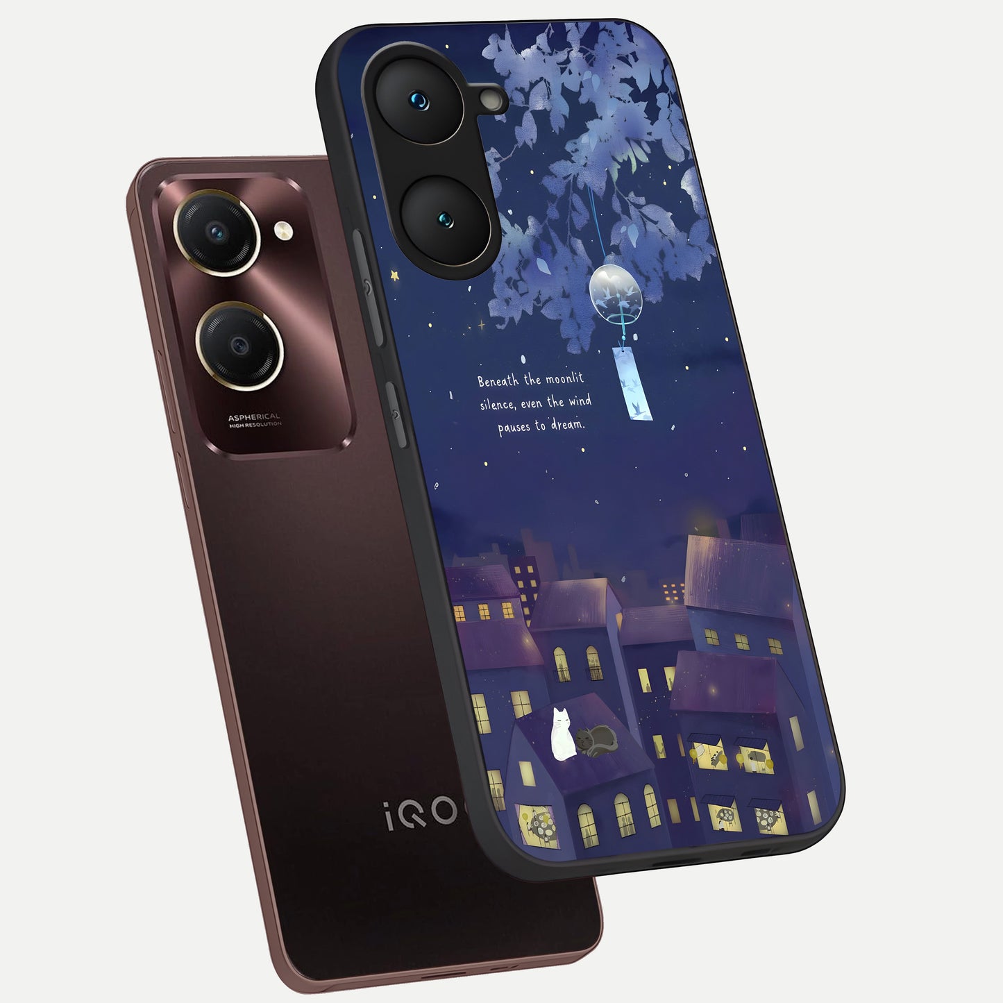  Moonlit Cat Silence phone case for iQOO Z9 lite showing premium glass back cover with detailed artwork