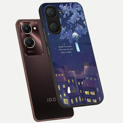  Moonlit Cat Silence phone case for iQOO Z9 lite showing premium glass back cover with detailed artwork