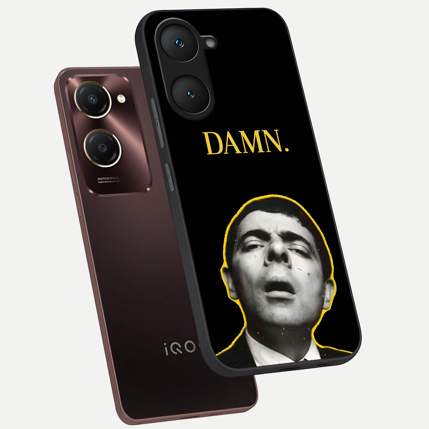  Mr Bean Damn phone case for iQOO Z9 lite showing premium glass back cover with detailed artwork