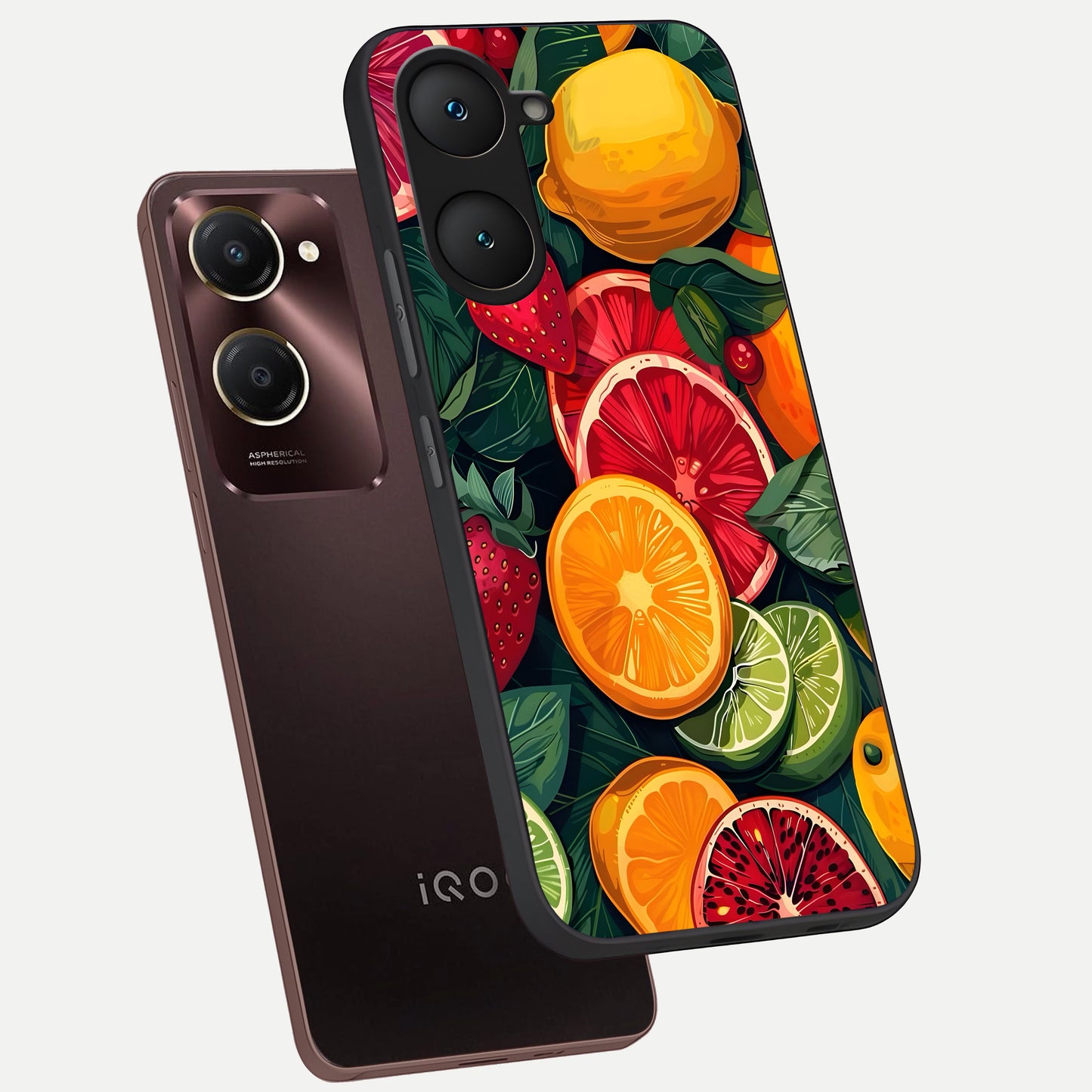 Multiple Fruits phone case for iQOO Z9 lite showing premium glass back cover with detailed artwork
