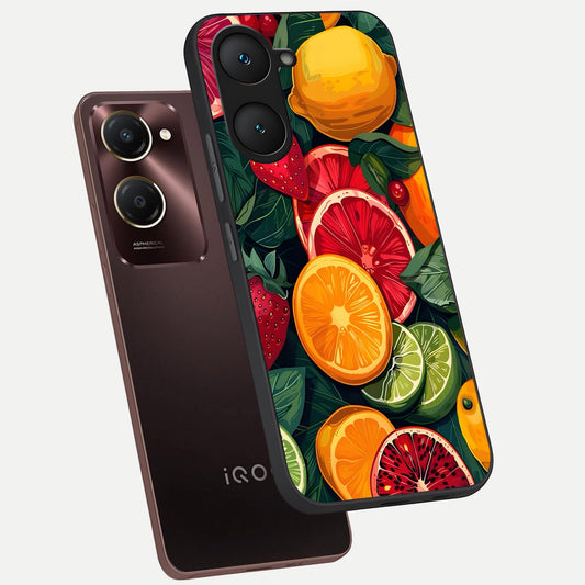  Multiple Fruits phone case for iQOO Z9 lite showing premium glass back cover with detailed artwork