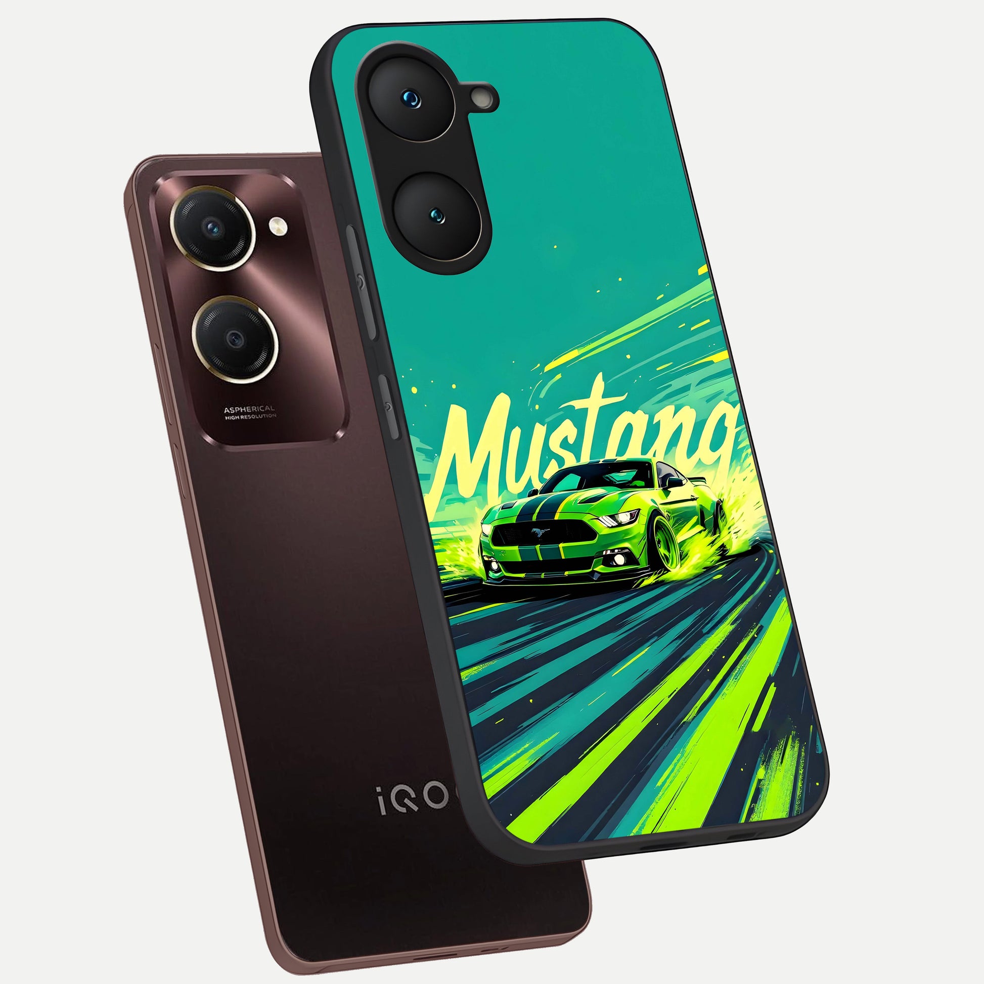  Mustang Bang phone case for iQOO Z9 lite showing premium glass back cover with detailed artwork