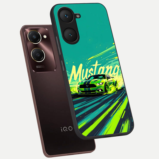  Mustang Bang phone case for iQOO Z9 lite showing premium glass back cover with detailed artwork