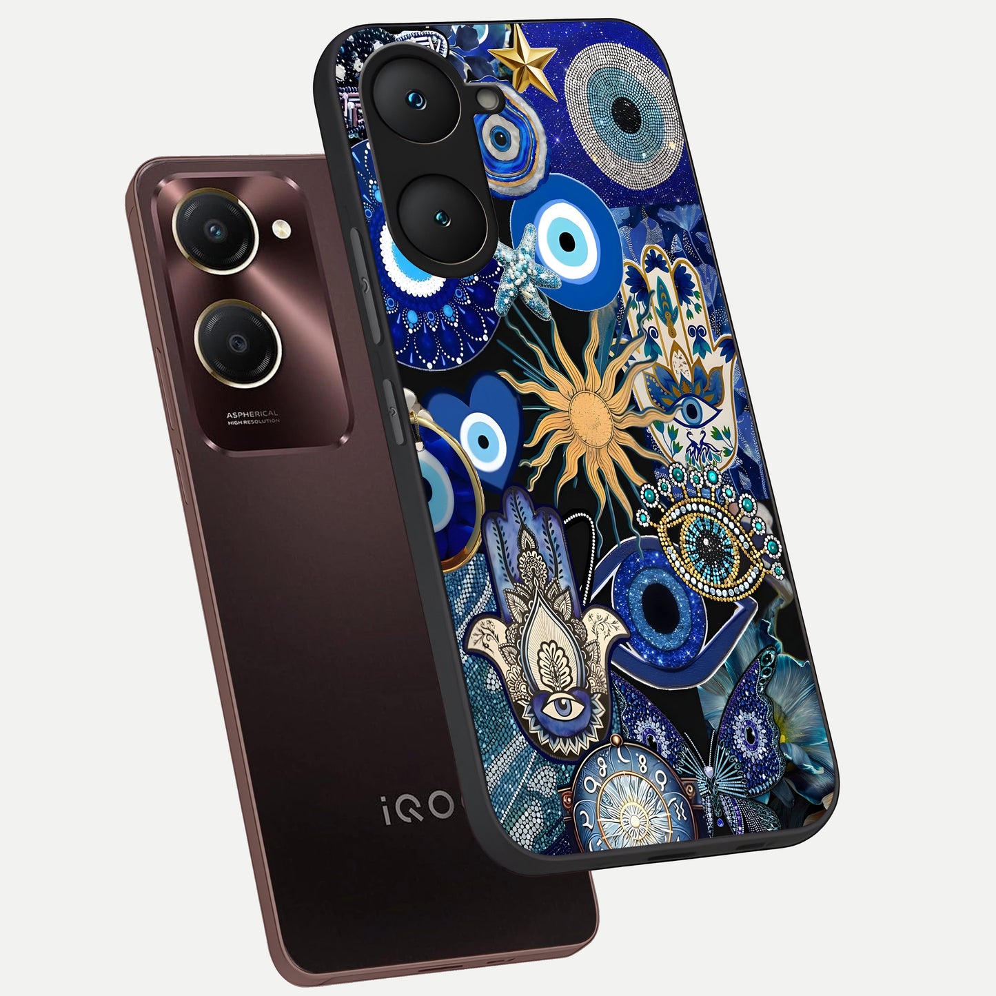  Mystic Blue Evil Eye phone case for iQOO Z9 lite showing premium glass back cover with detailed artwork