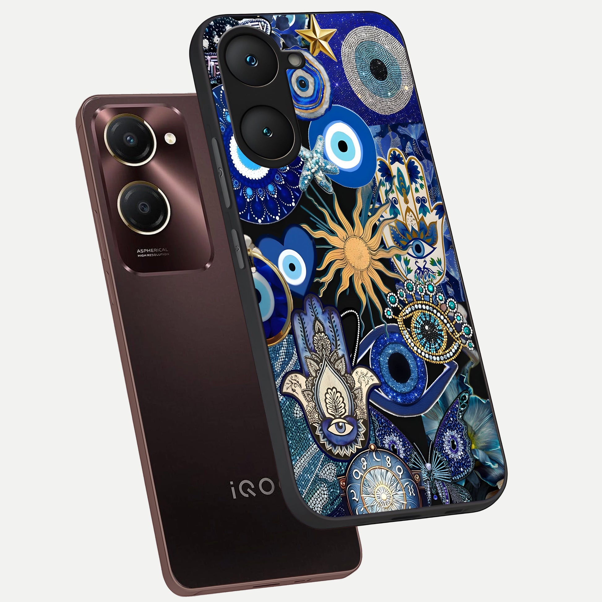  Mystic Blue Evil Eye phone case for iQOO Z9 lite showing premium glass back cover with detailed artwork
