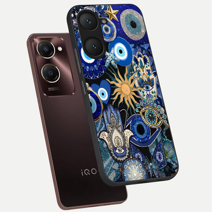  Mystic Blue Evil Eye phone case for iQOO Z9 lite showing premium glass back cover with detailed artwork