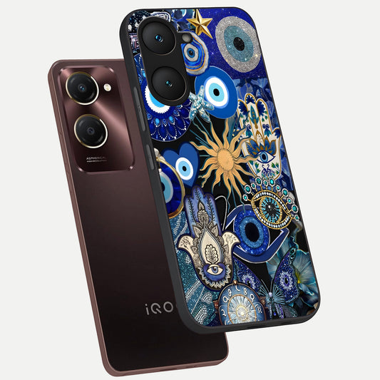  Mystic Blue Evil Eye phone case for iQOO Z9 lite showing premium glass back cover with detailed artwork