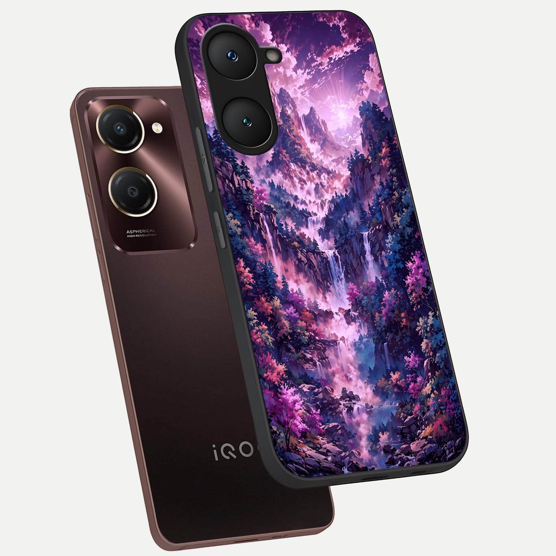 Mystic Cascade Peaks phone case for iQOO Z9 lite showing premium glass back cover with detailed artwork