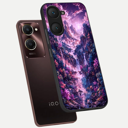  Mystic Cascade Peaks phone case for iQOO Z9 lite showing premium glass back cover with detailed artwork