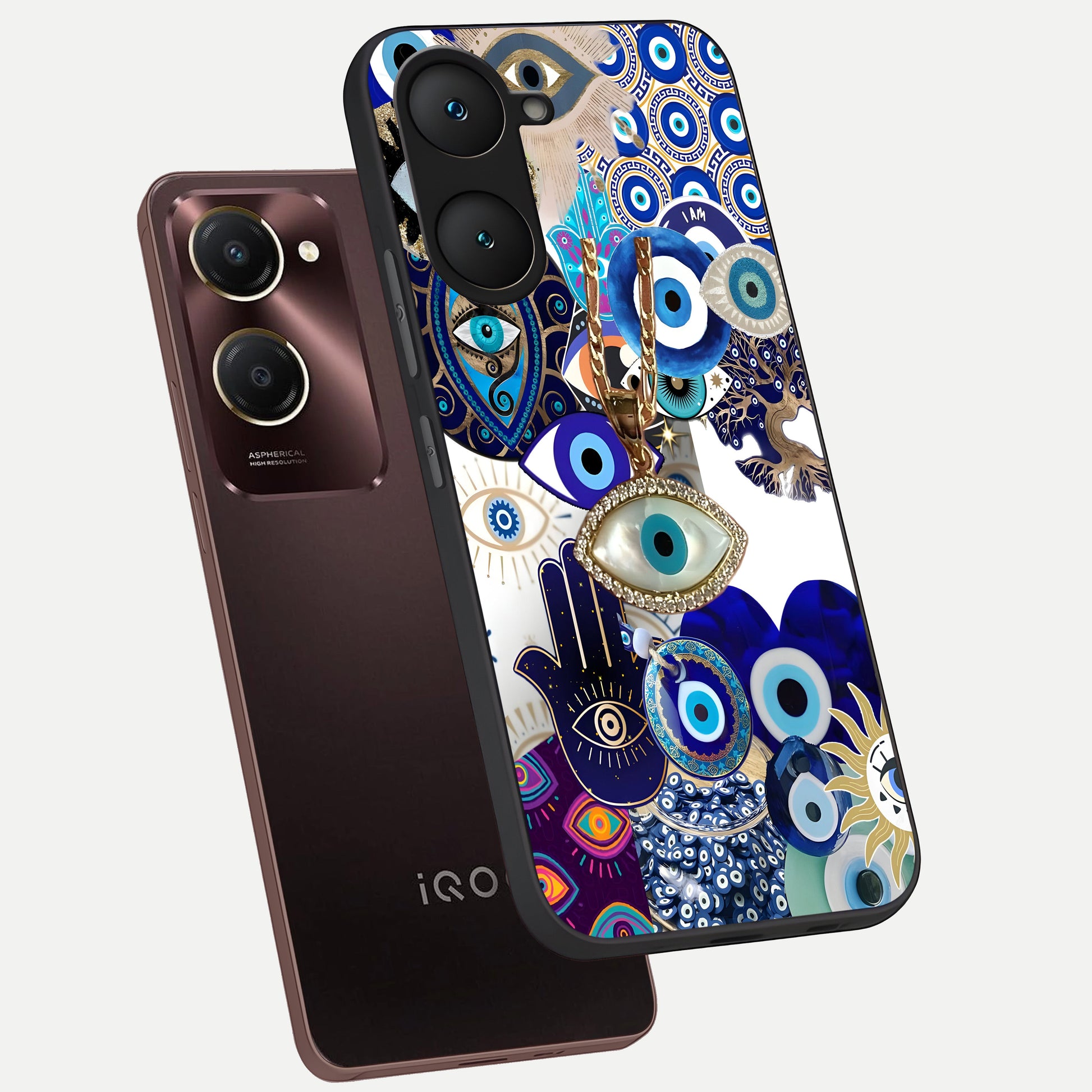  Mystic Charm Eye phone case for iQOO Z9 lite showing premium glass back cover with detailed artwork