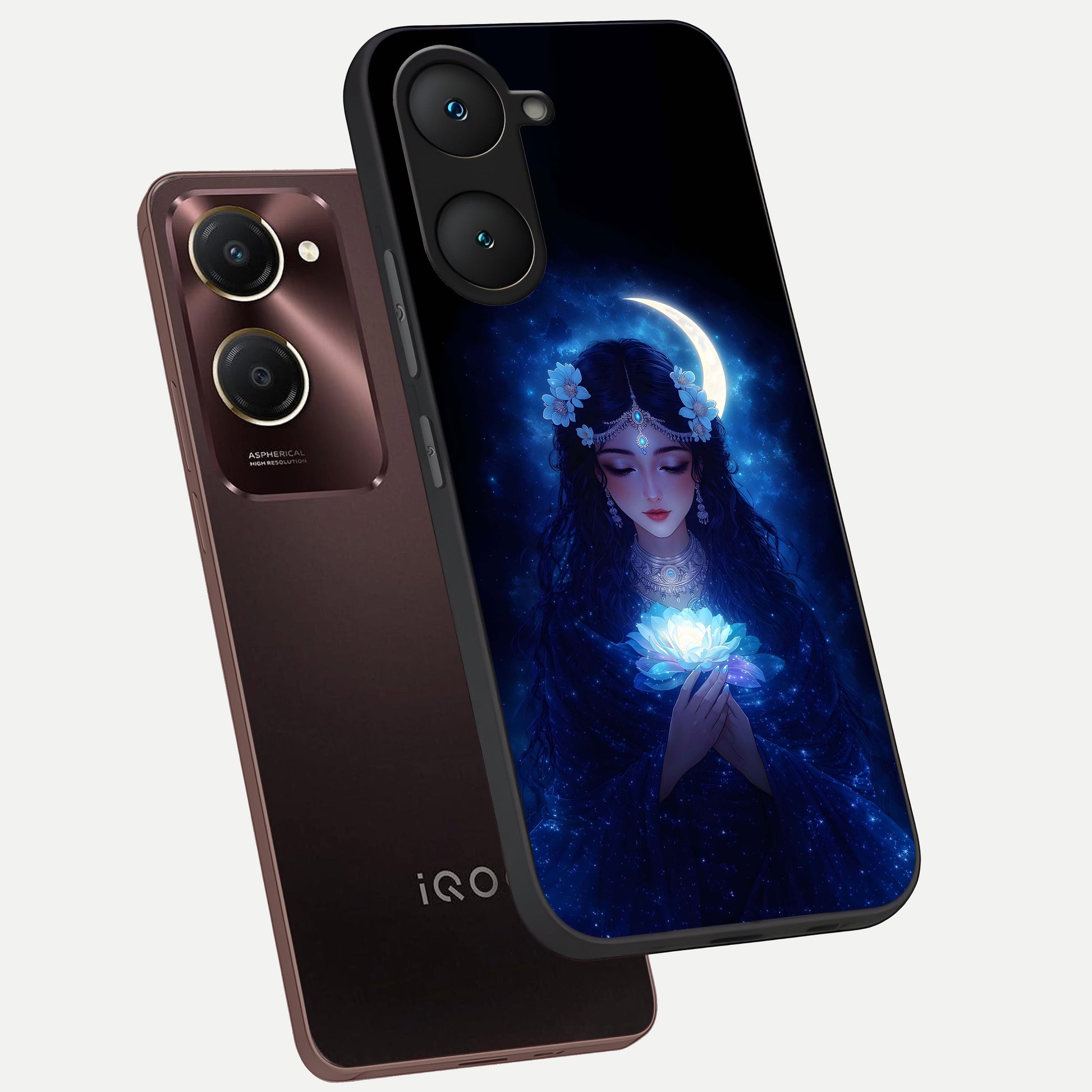  Mystic Moon Queen phone case for iQOO Z9 lite showing premium glass back cover with detailed artwork