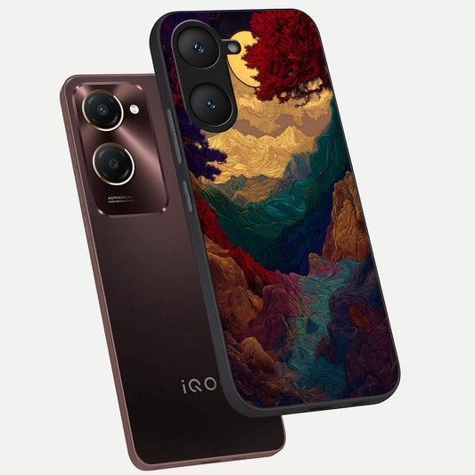  Mystic Valley Light phone case for iQOO Z9 lite showing premium glass back cover with detailed artwork