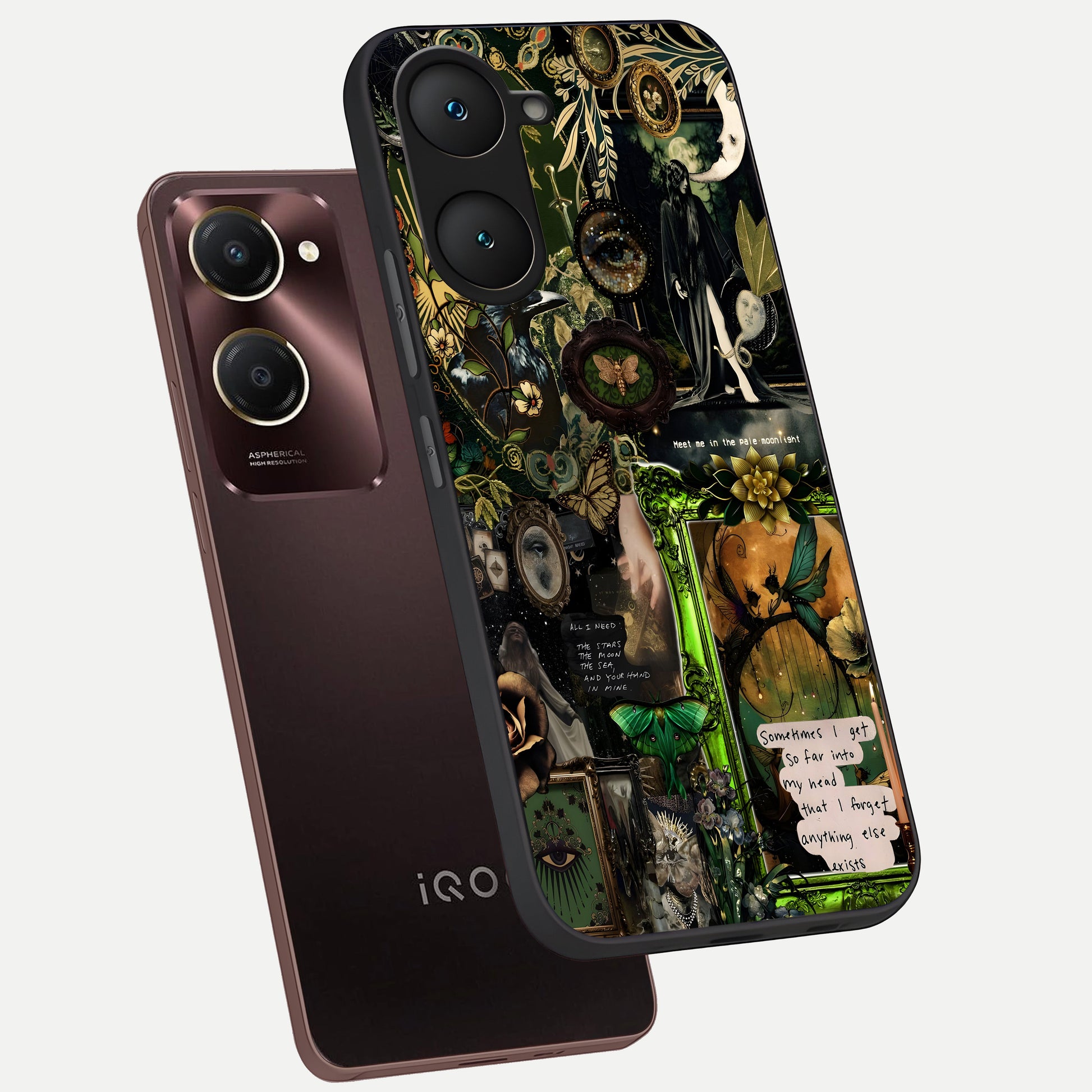  Mystic Woods Secret phone case for iQOO Z9 lite showing premium glass back cover with detailed artwork