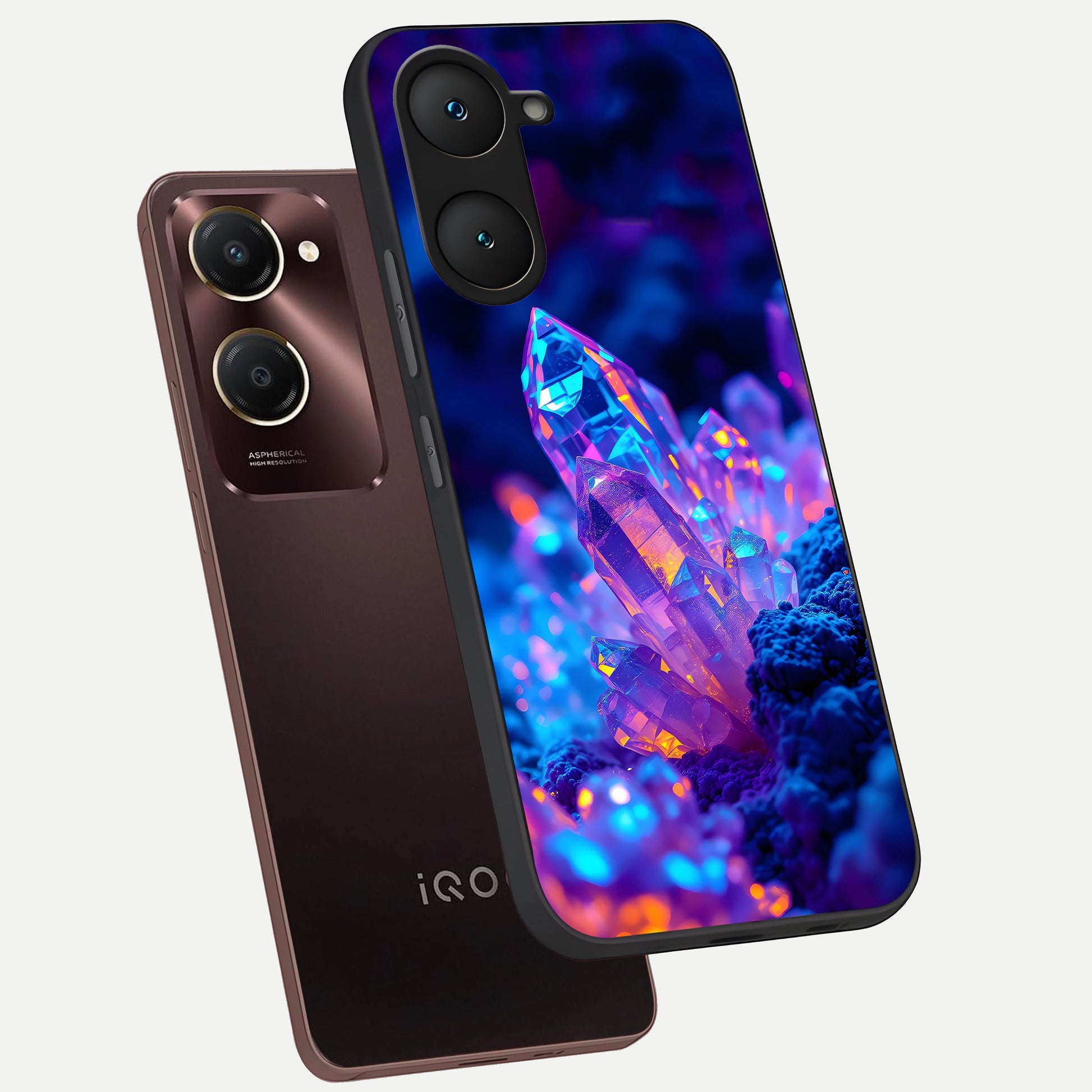  Neon Aura Shards phone case for iQOO Z9 lite showing premium glass back cover with detailed artwork