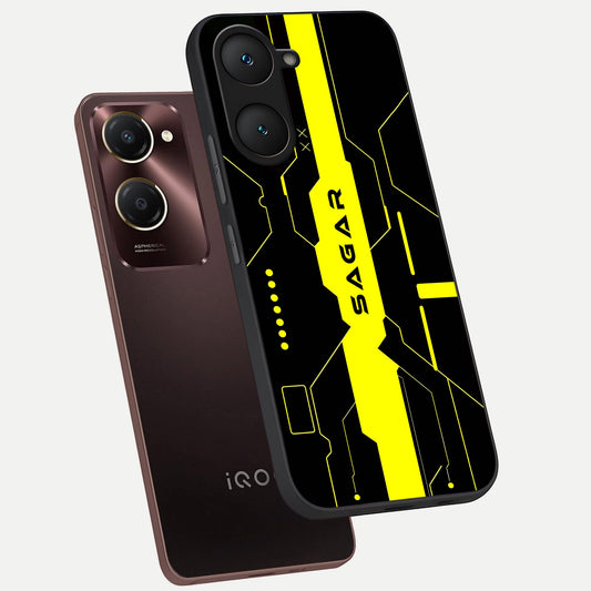  Neon CYBERPUNK Custom Name phone case for iQOO Z9 lite showing premium glass back cover with detailed artwork